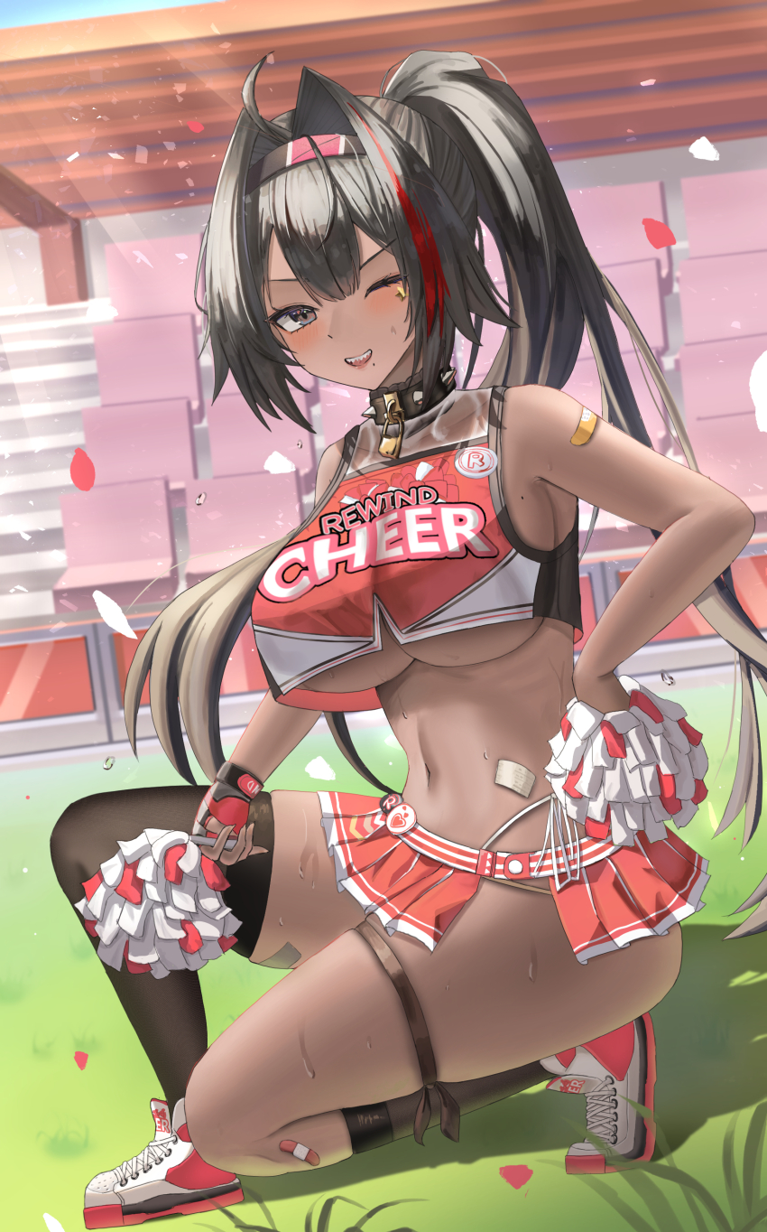 1girl, absurdres, ahoge, bandaid, bandaid_on_leg, bay_(nikke), black_hair, black_socks