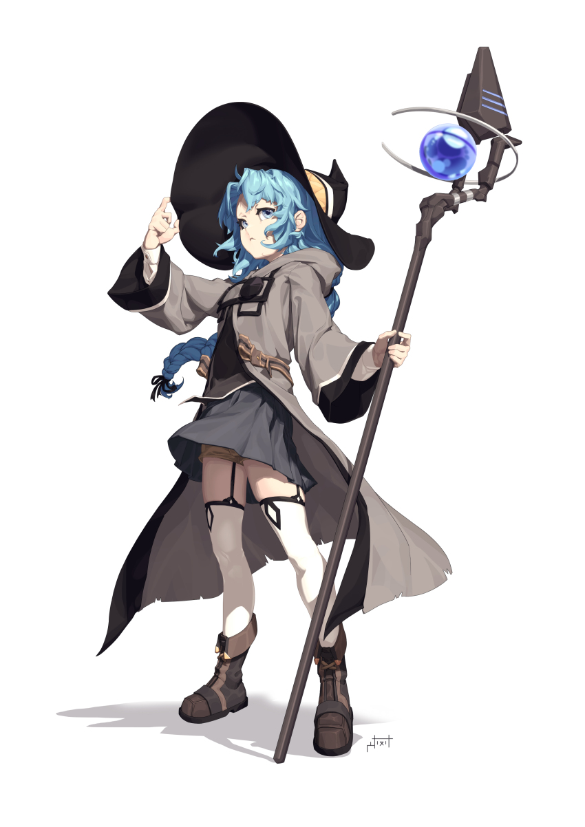 1girl, absurdres, black_skirt, blue_eyes, blue_hair, boots, braid, brown_robe