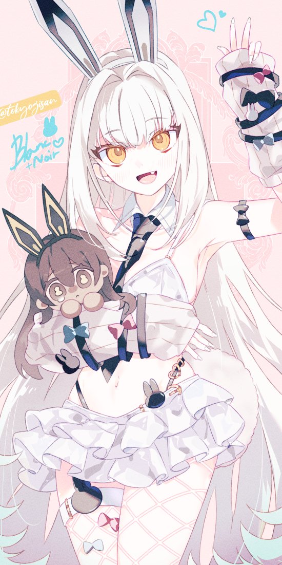 1girl, :d, animal_ears, bikini, bikini_top_only, black_necktie, blanc_(nikke), breasts