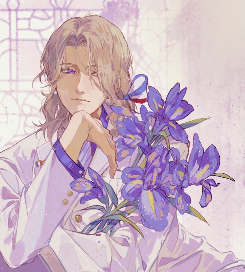 1boy, axis_powers_hetalia, blonde_hair, bouquet, chinese_commentary, closed_mouth, collared_shirt, curtained_hair