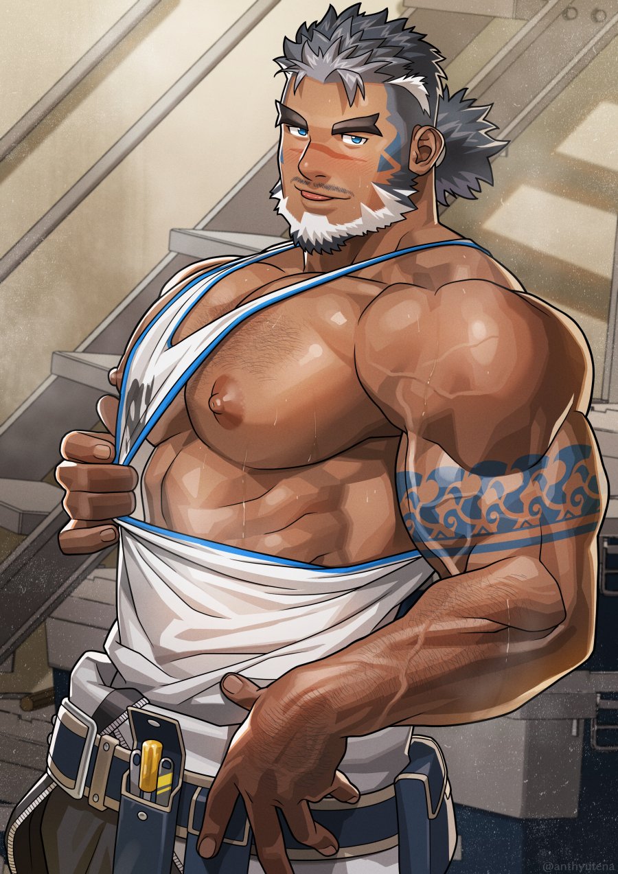 1boy, abs, arm_hair, arm_tattoo, bara, beard, blue_eyes, chest_hair
