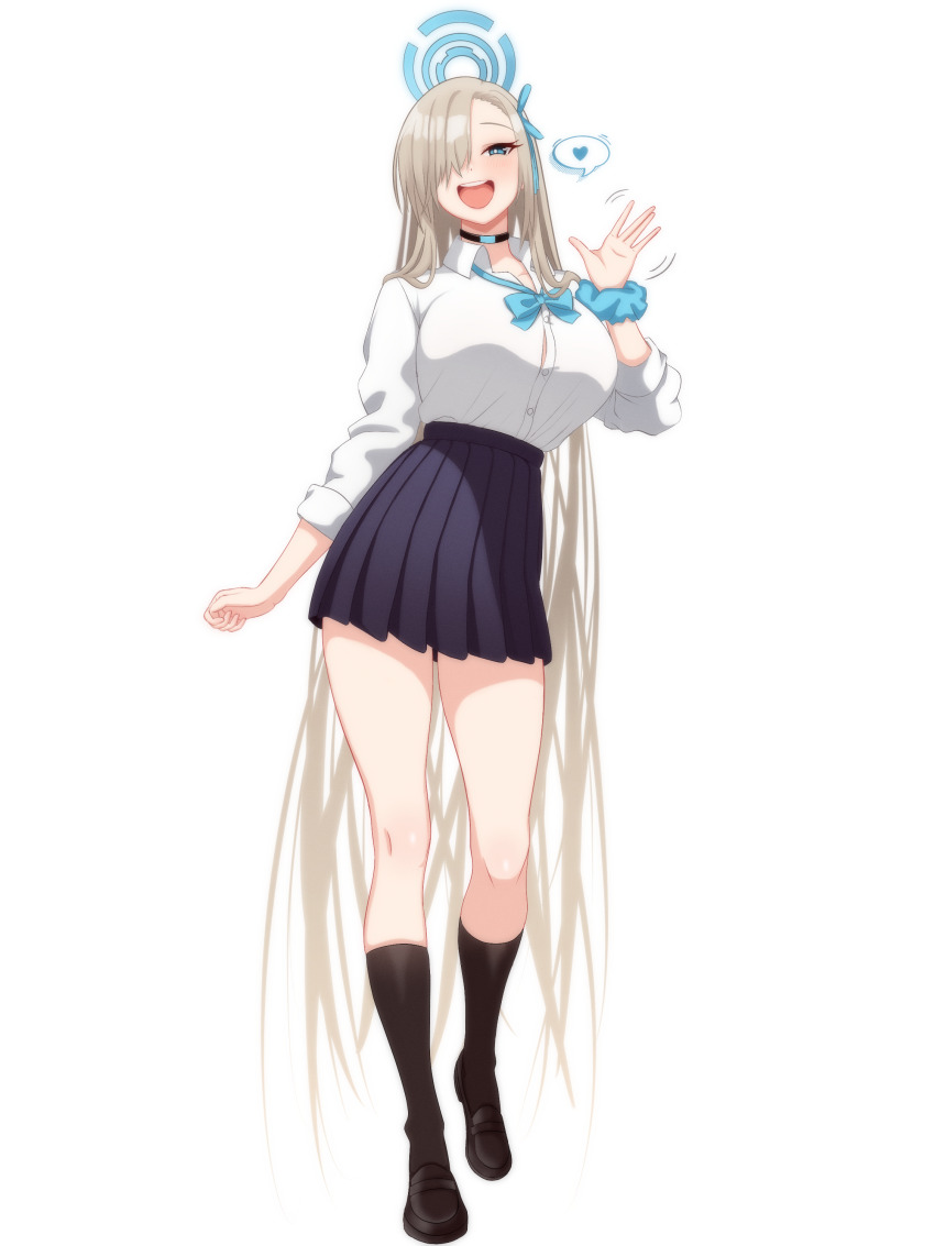 1girl, absurdres, asuna_(blue_archive), asymmetrical_bangs, blue_archive, blue_bow, blue_bowtie, blue_halo, blue_scrunchie, bow, bowtie, breasts, brown_footwear, hair_over_one_eye, halo, heart, highres, large_breasts, light_brown_hair, melody_sky9, open_mouth, pleated_skirt, school_uniform, scrunchie, shirt, skirt, socks, speech_bubble, white_background, white_shirt, wrist_scrunchie