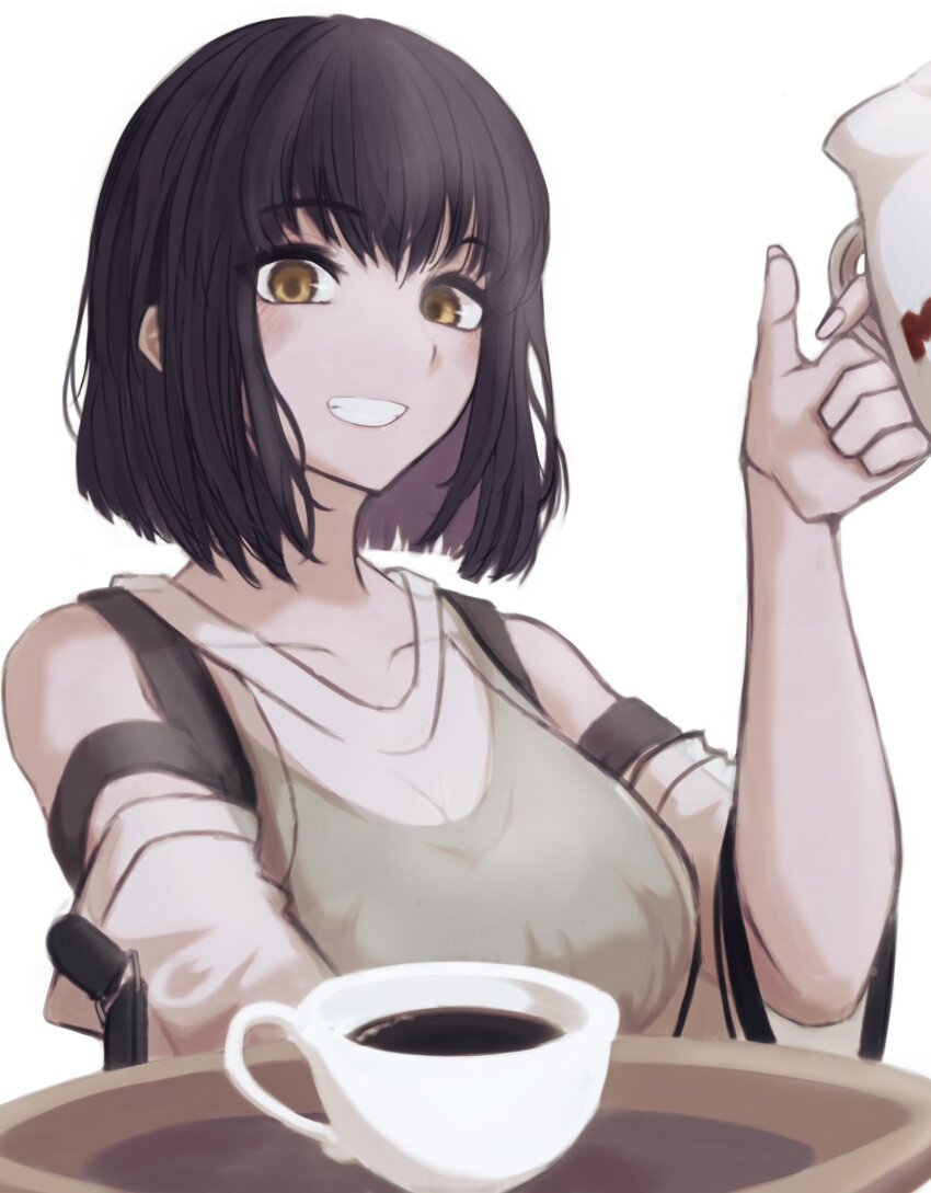 1girl, black_hair, black_pants, black_sports_bra, blush, breasts, brown_eyes, cleavage