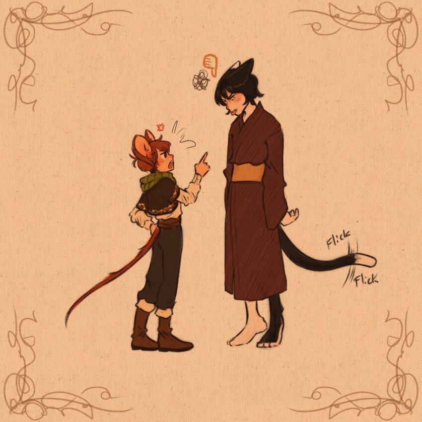 animal_ears, black_hair, boots, brown_hair, cat_ears, cat_tail, character_request, chilchuck_tims, commentary, cosplay, dungeon_meshi, english_commentary, full_body, highres, japanese_clothes, jerry_(tom_and_jerry), jerry_(tom_and_jerry)_(cosplay), kimono, long_sleeves, male_focus, multiple_boys, neotomic, short_hair, simple_background, standing, tail, tom_(tom_and_jerry), tom_and_jerry