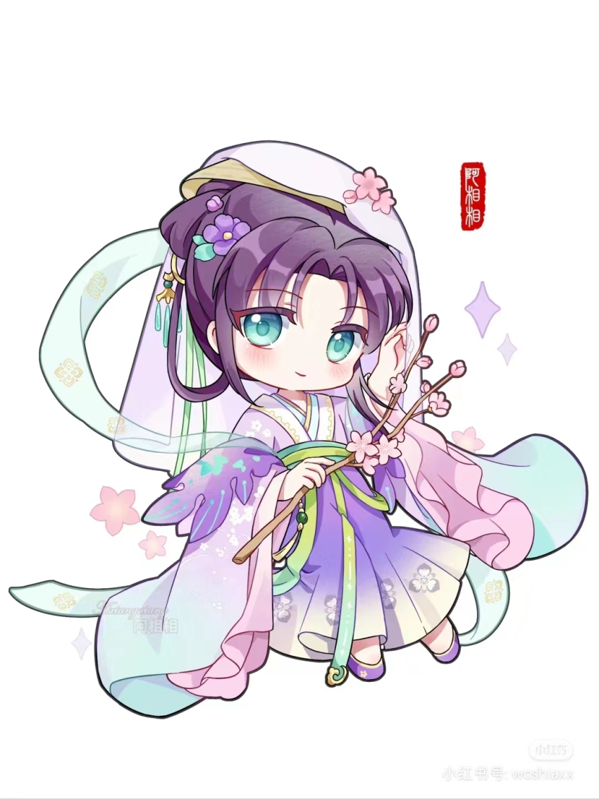 1girl, axiangxiang, branch, chibi, chinese_clothes, duijin_ruqun, flower, full_body, green_eyes, green_shawl, hagoromo, hair_ornament, hanfu, highres, holding, looking_at_viewer, original, pink_flower, qixiong_ruqun, shawl, solo, veil, wide_sleeves, xiaohongshu_logo