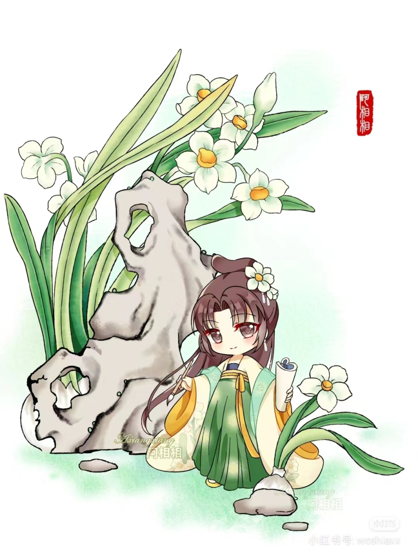 axiangxiang, book, brown_eyes, brown_hair, calligraphy_brush, chibi, chinese_clothes, daffodil