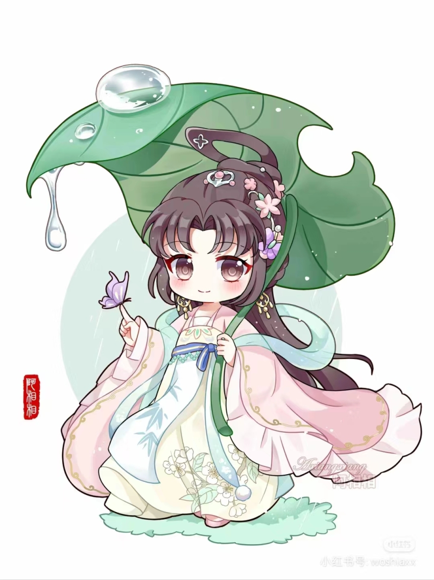 axiangxiang, chibi, chinese_clothes, fluttering_shawl, hair_rings, hanfu, highres, original