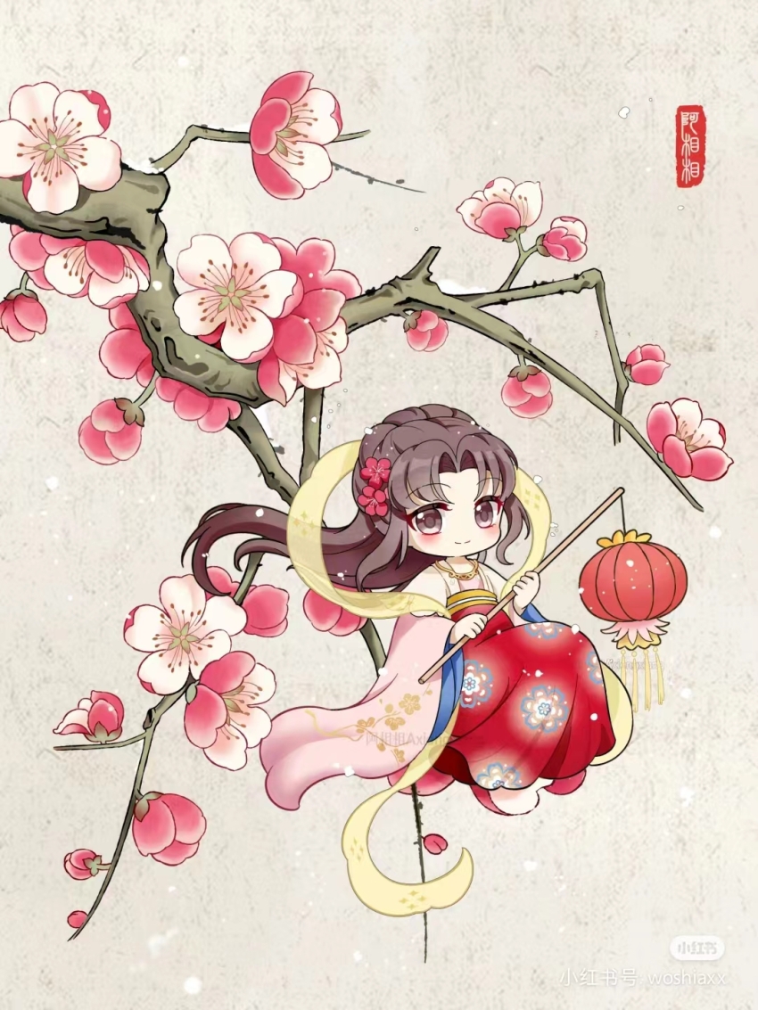 axiangxiang, chibi, chinese_clothes, flower, fluttering_shawl, hanfu, highres, lantern