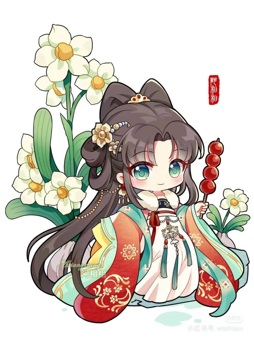 axiangxiang, brown_hair, chibi, chinese_clothes, daffodil, flower, fluttering_shawl, green_eyes