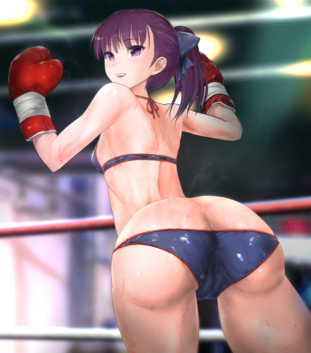 1girl, akabeko_boxing, ass, boxing, boxing_gloves, boxing_ring, butt_crack, fate/grand_order