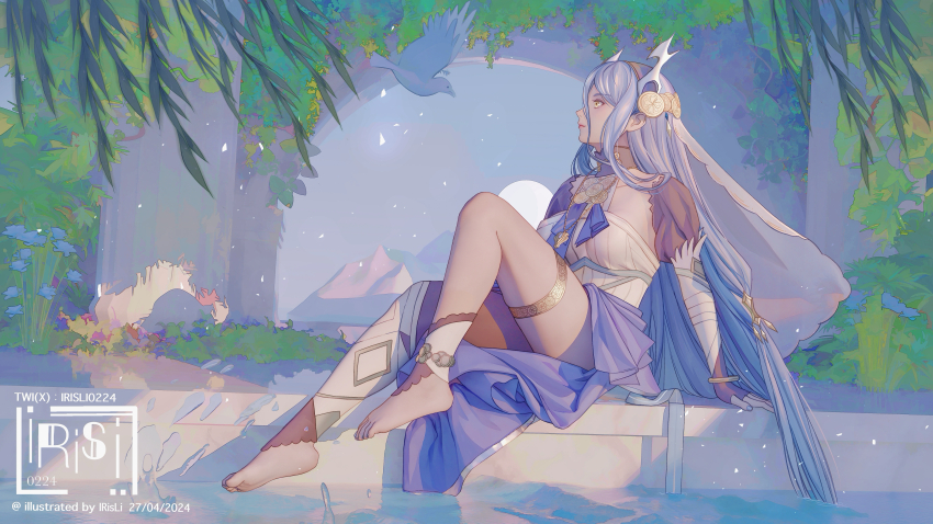 1girl, absurdres, azura_(fire_emblem), azura_(song's_reflection)_(fire_emblem), barefoot, blue_hair, day, dress, fake_horns, feet, fingerless_gloves, fire_emblem, fire_emblem_fates, fire_emblem_heroes, gloves, hair_between_eyes, hairband, highres, horns, irisli0224, jewelry, juliet_sleeves, legs, long_hair, long_sleeves, nintendo, official_alternate_costume, outdoors, puffy_sleeves, sitting, smile, toes, veil, very_long_hair, water, yellow_eyes