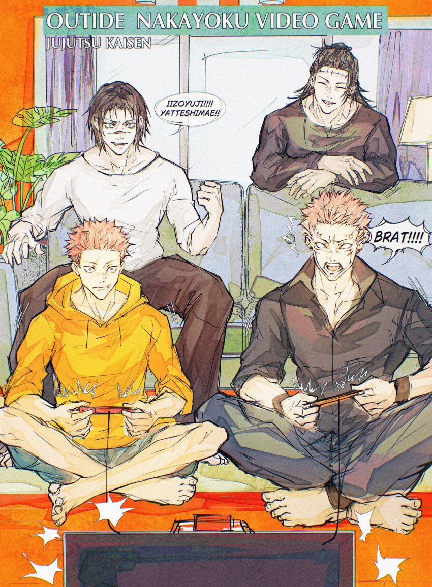 4boys, ^_^, black_hair, black_pants, black_shirt, blue_shorts, choso_(jujutsu_kaisen), closed_eyes