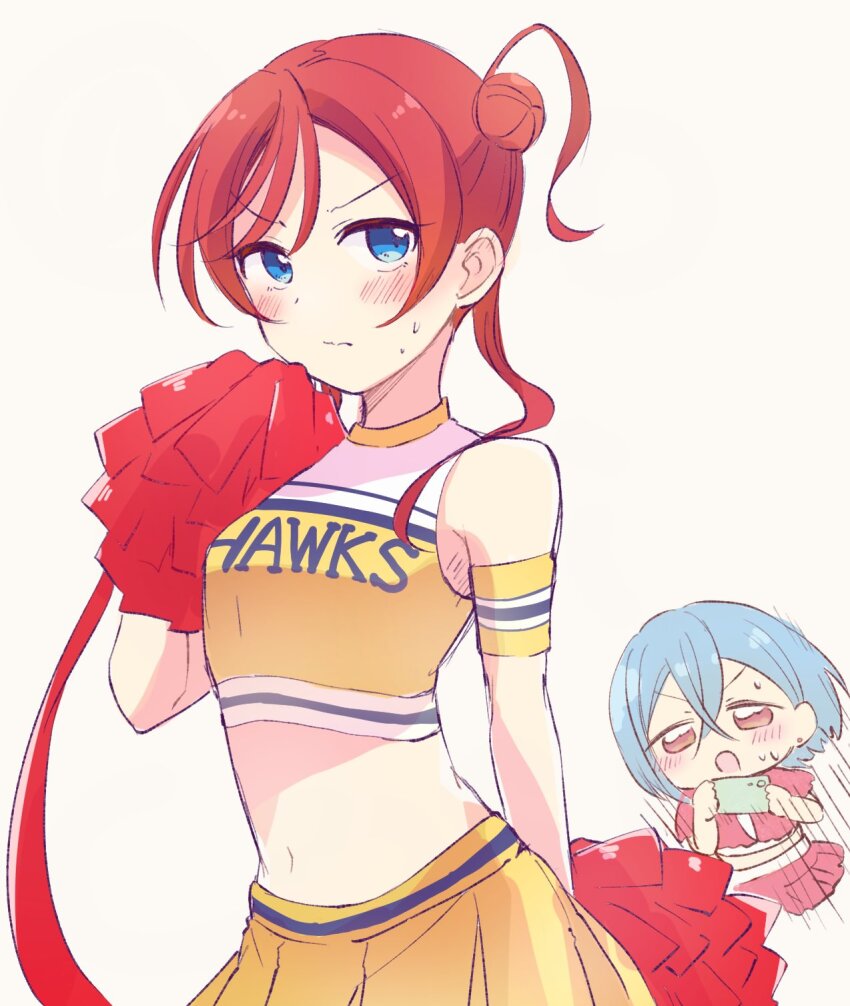2girls, blue_eyes, blue_hair, blush, cheerleader, choker, closed_mouth, commentary, fukuoka_softbank_hawks, hair_bun, highres, holding, holding_pom_poms, looking_at_viewer, love_live!, love_live!_superstar!!, mame_mochiko, medium_hair, midriff, motion_lines, multiple_girls, navel, nippon_professional_baseball, open_mouth, orange_eyes, pleated_skirt, pom_pom_(cheerleading), pom_poms, red_hair, shirt, short_hair, sidelocks, single_side_bun, skirt, solo_focus, untranslatable_commentary, upper_body, v-shaped_eyebrows, wakana_shiki, white_background, yellow_choker, yellow_shirt, yellow_skirt, yoneme_mei