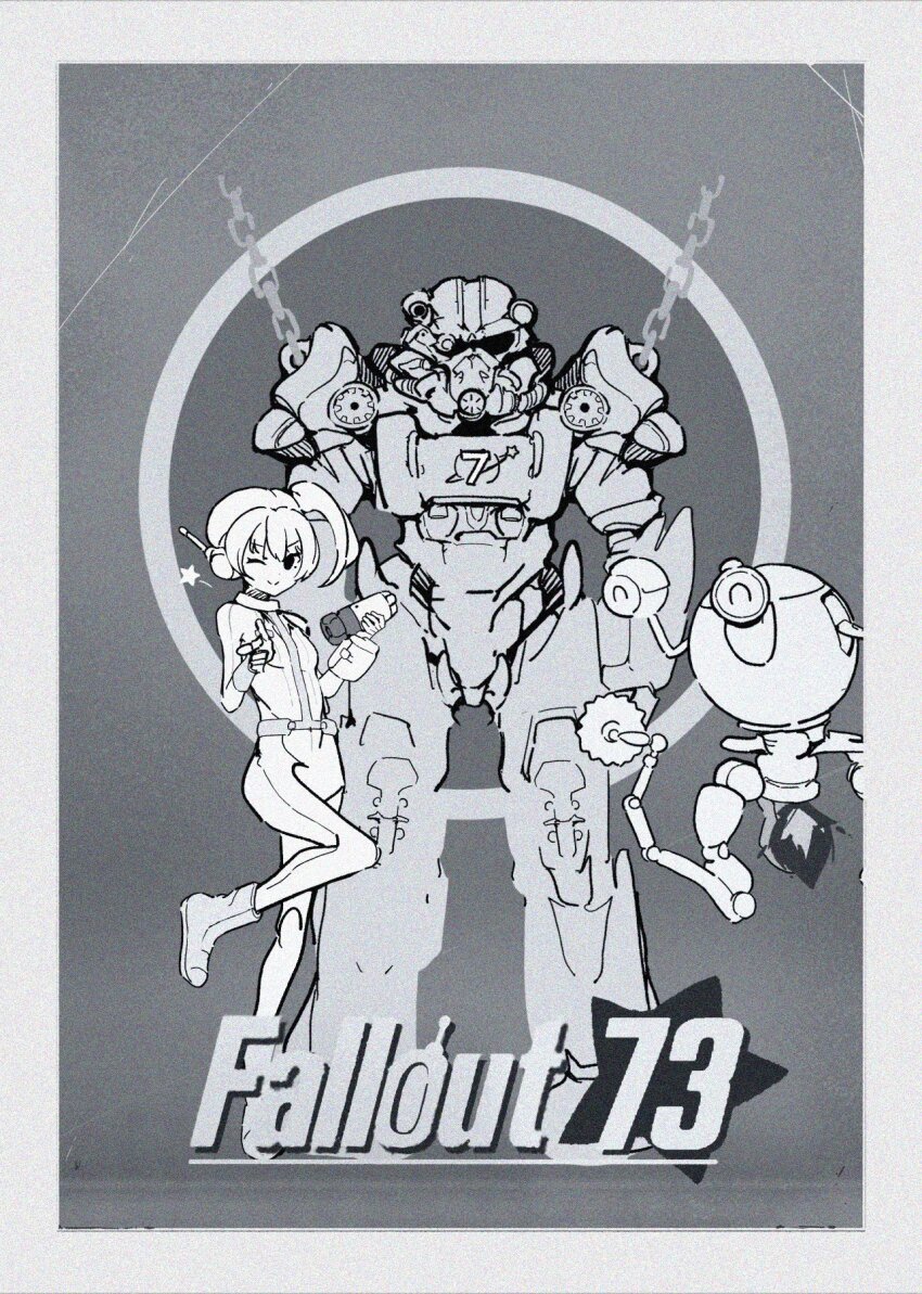 1girl, 2others, armor, chain, crossover, dee_(fire2332), fallout, floating