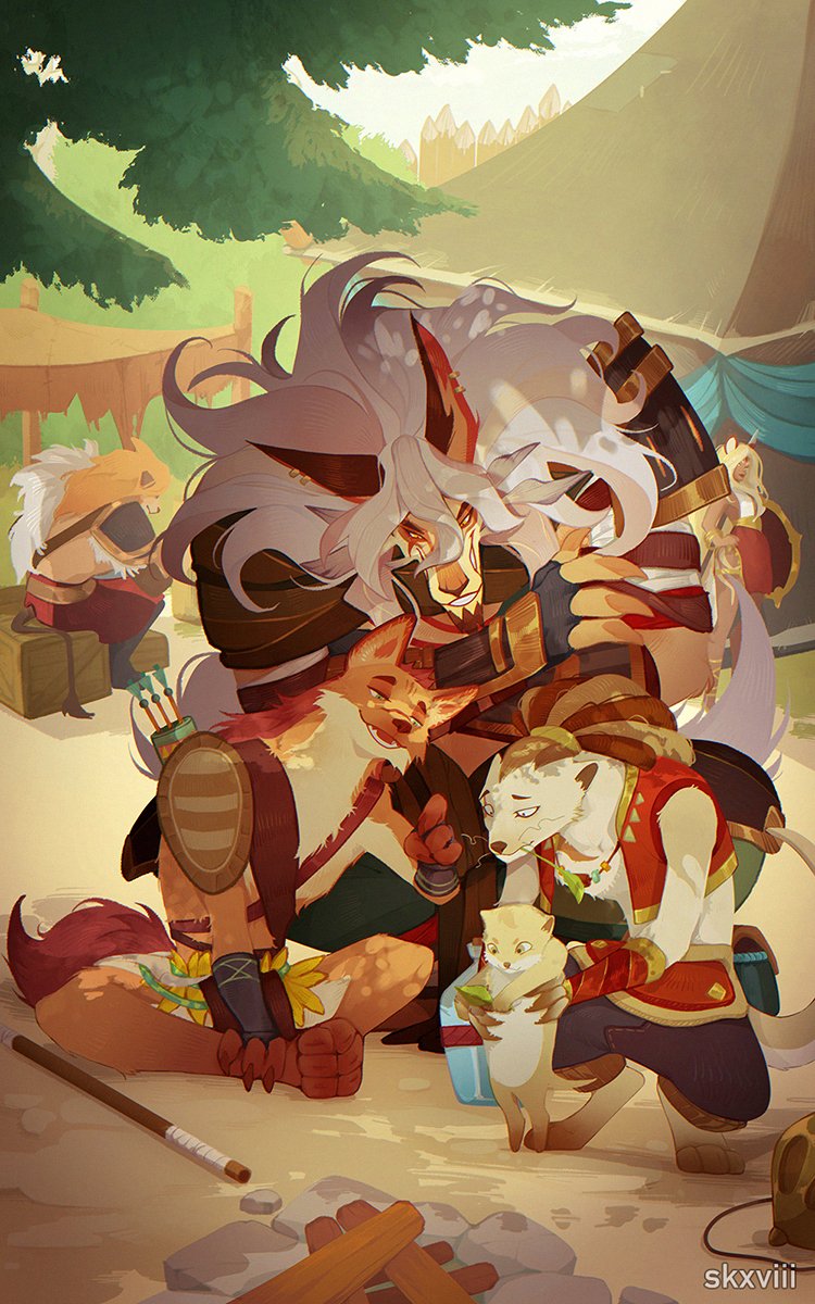 1girl, 5boys, afk_(series), afk_journey, animal_ears, antandra_(afk_arena), artist_name, blowgun