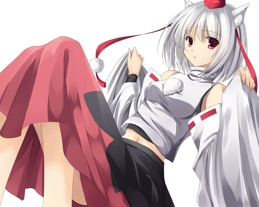 1girl, animal_ears, bad_id, bad_pixiv_id, bare_shoulders, detached_sleeves, female_focus, hat, inubashiri_momiji, midriff, navel, red_eyes, short_hair, silver_hair, simple_background, solo, tokin_hat, touhou, white_background, wolf_ears, yuu_yamiyo