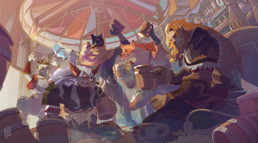 6+boys, abs, afk_(series), afk_journey, animal_ears, artist_logo, bara, claws