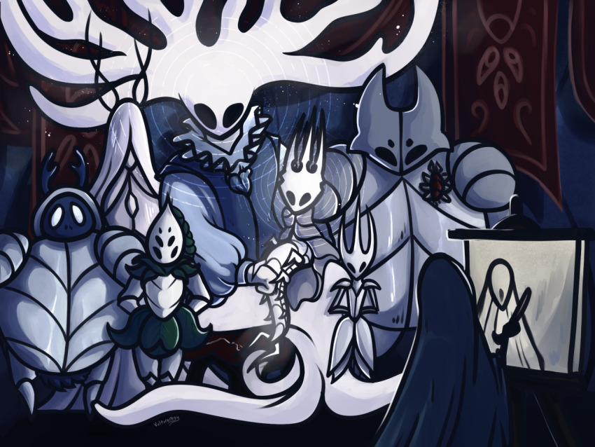 4boys, 4girls, armor, canvas_(object), dryya_(hollow_knight), hegemol_(hollow_knight), hollow_eyes, hollow_knight