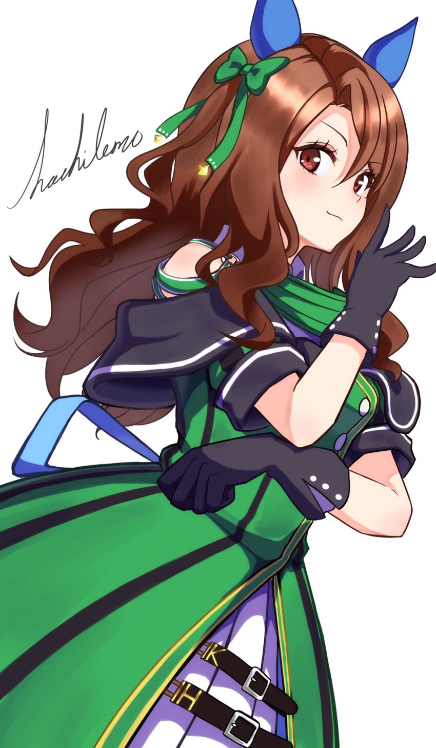 1girl, animal_ears, artist_name, black_gloves, brown_eyes, brown_hair, buttons, dress