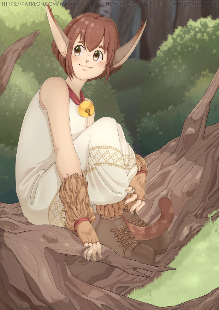 1girl, animal_ears, animal_nose, artist_name, bare_shoulders, bell, boots, brown_eyes, brown_hair, cat_ears, cat_girl, cat_tail, closed_mouth, dark_cloud_(game), dress, female_focus, forest, jingle_bell, looking_to_the_side, nature, neck_bell, outdoors, short_hair, solo, tail, takoto, tree, watermark, web_address, white_dress, xiao_(dark_cloud)