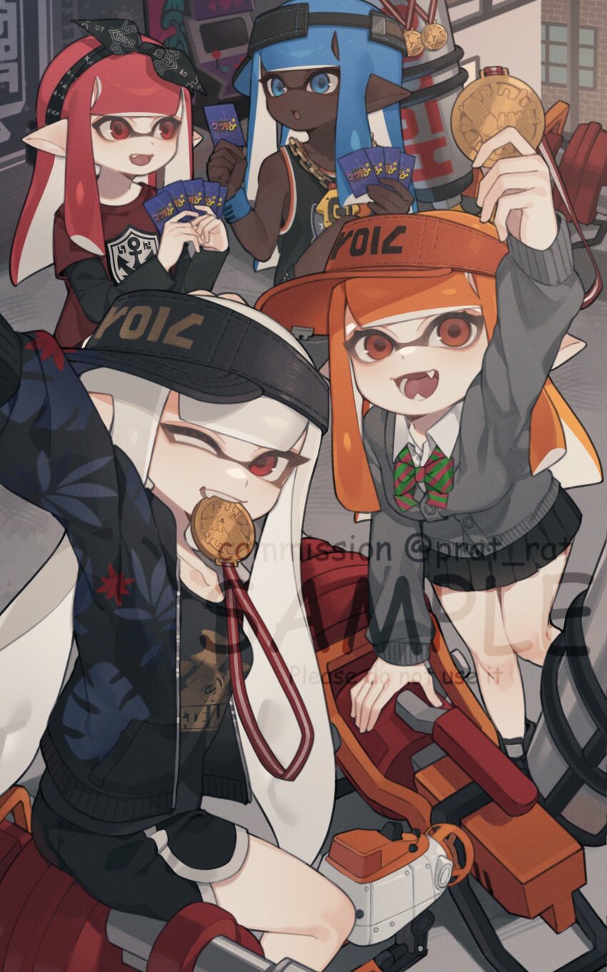 4girls, :d, absurdres, autobomb_(splatoon), bare_shoulders, black_bow, black_hairband, black_hat
