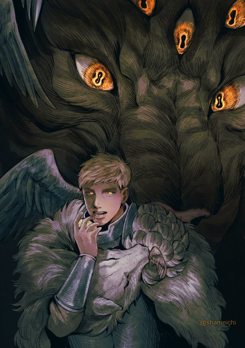 1boy, absurdres, armor, artist_name, blonde_hair, bracer, commentary, dungeon_meshi