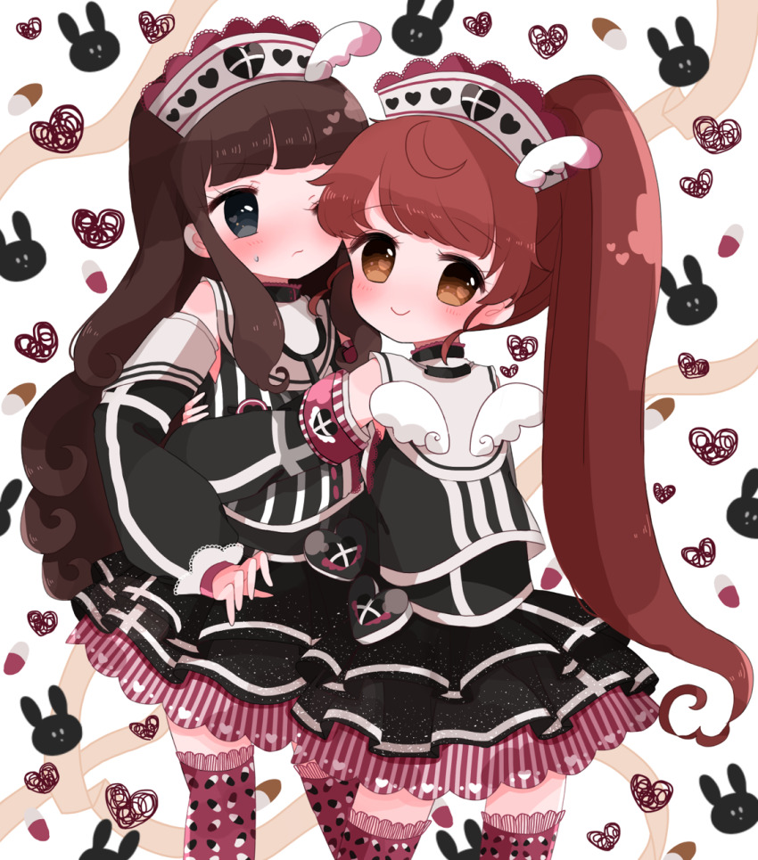 2girls, black_dress, black_shirt, blue_eyes, blush, brown_eyes, brown_hair, closed_mouth, cowboy_shot, detached_sleeves, dress, hair_ornament, hat, heart, highres, hug, idol_clothes, kira_(kiratwins), kurosu_aroma, long_hair, looking_at_another, looking_at_viewer, looking_back, multiple_girls, nurse, nurse_cap, pill, pink_thighhighs, ponytail, pretty_series, pripara, red_hair, shiratama_mikan, shirt, smile, standing, thighhighs, very_long_hair, white_wings, wing_hair_ornament, wings