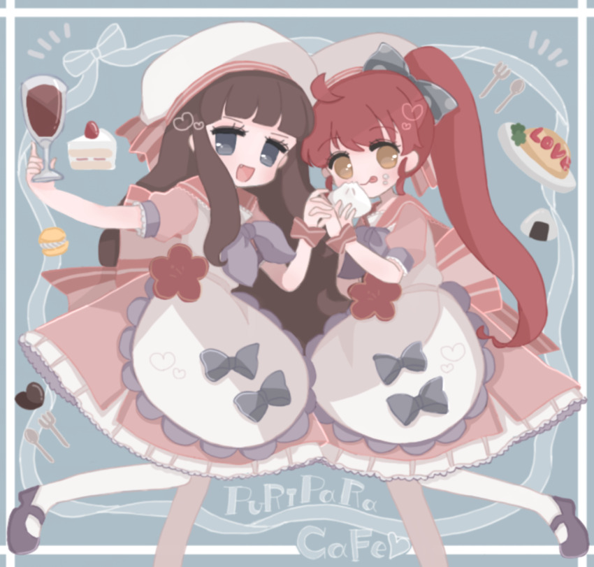 2girls, :d, apron, blue_background, blue_eyes, brown_eyes, brown_hair, cake