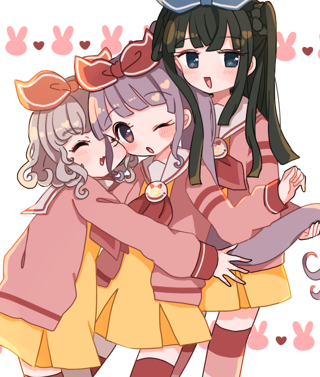 3girls, blue_eyes, blunt_bangs, bow, cardigan, closed_eyes, dress, girl_sandwich, green_hair, hair_bow, hug, kira_(kiratwins), long_hair, long_sleeves, looking_at_viewer, manaka_non, multiple_girls, neckerchief, one_eye_closed, open_mouth, paprika_private_academy_school_uniform, pink_cardigan, pink_neckerchief, pretty_series, pripara, purple_eyes, purple_hair, sandwiched, school_uniform, short_dress, short_hair, side_ponytail, smile, standing, taiyo_pepper, tsukikawa_chili, two_side_up, white_background, yellow_dress