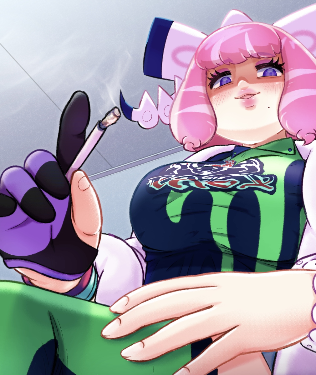 1girl, cigarette, femdom, highres, klara_(pokemon), lips, na_kamu, nintendo, pokemon, pokemon_sword_and_shield, pov, sadism, smoking, tagme