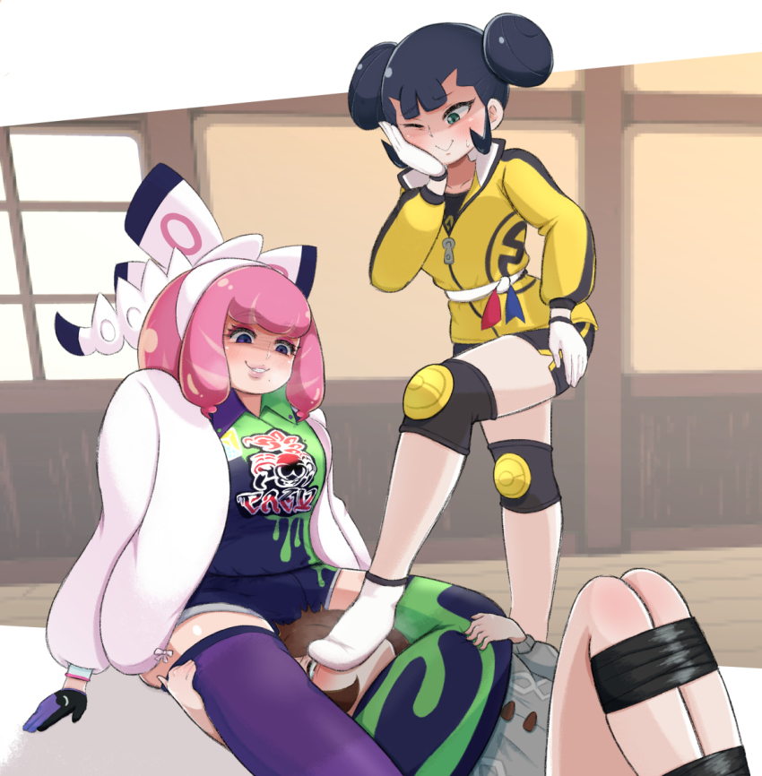 3girls, femdom, gloria_(pokemon), highres, klara_(pokemon), licking_foot, lips, master_dojo_student_(pokemon), master_dojo_uniform, multiple_girls, na_kamu, nintendo, pokemon, pokemon_sword_and_shield, ryona, sadism, smell, tagme, yuri