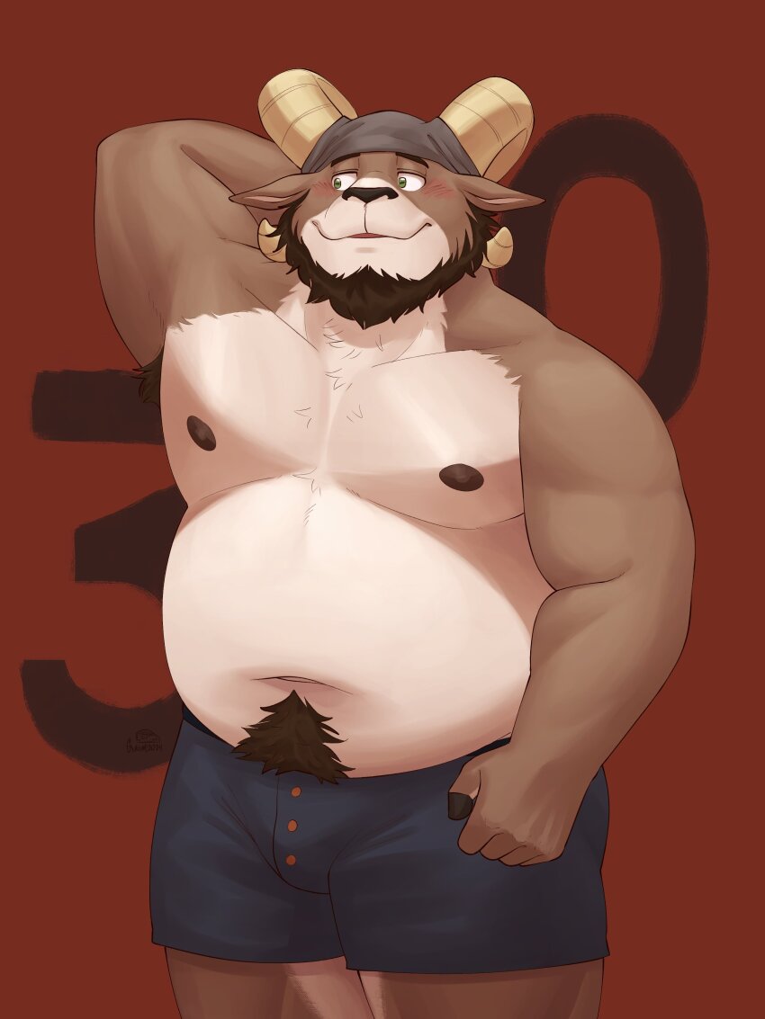 1boy, absurdres, animal_ears, arm_behind_head, armpit_hair, bara, beard, belly