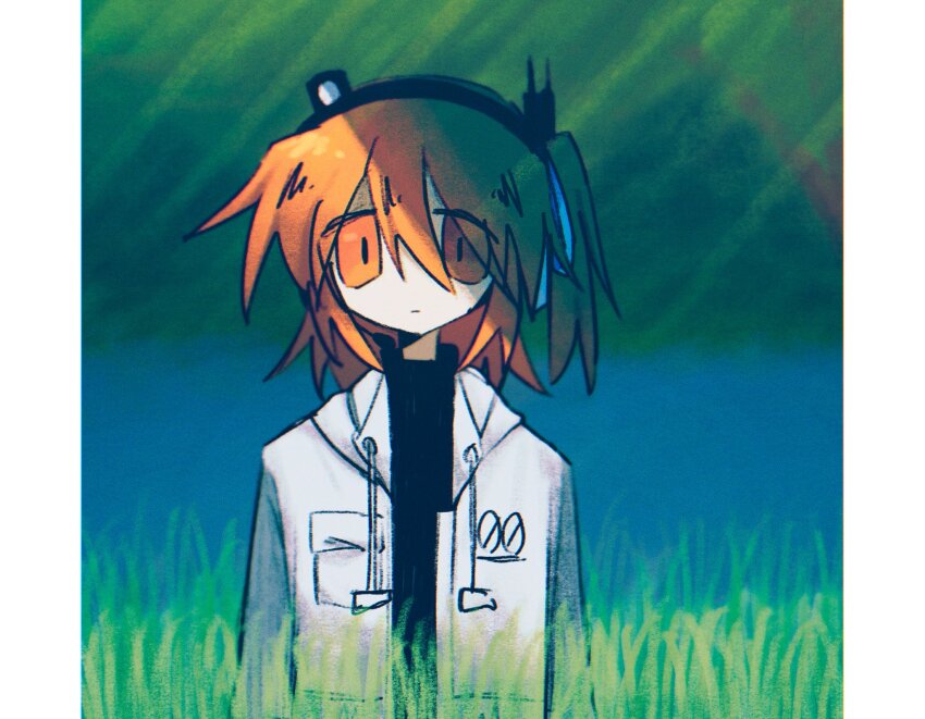 1girl, a.i._voice, adachi_rei, arms_at_sides, black_shirt, blurry, blurry_background, day, expressionless, grass, hair_ribbon, headlamp, headset, highres, hood, hood_down, hooded_jacket, jacket, long_hair, long_sleeves, looking_at_viewer, nentsukihi, one_side_up, open_clothes, open_jacket, orange_eyes, orange_hair, outdoors, pillarboxed, radio_antenna, ribbon, shirt, solo, straight-on, tall_grass, tree, turtleneck, turtleneck_shirt, upper_body, utau, white_jacket, white_ribbon
