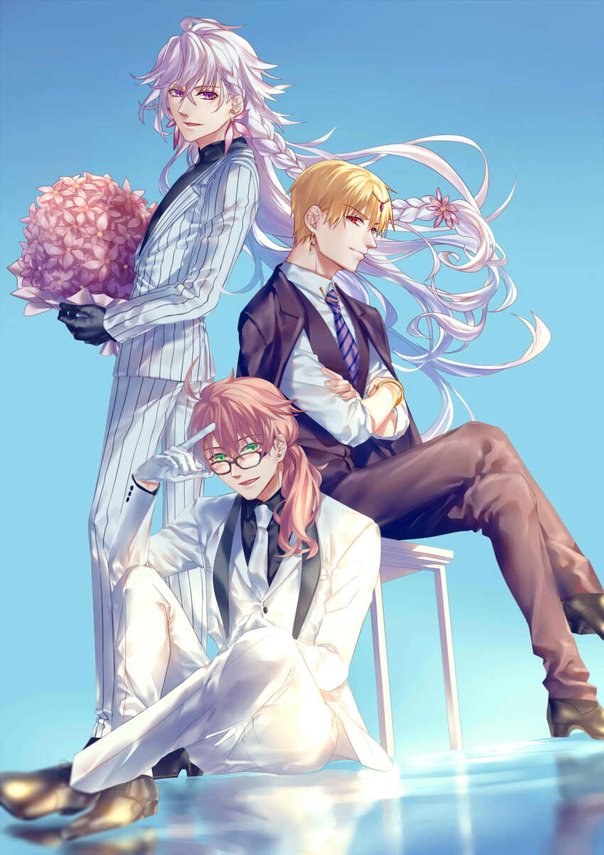 3boys, absurdres, ahoge, alternate_costume, black-framed_eyewear, black_gloves, black_jacket, black_pants