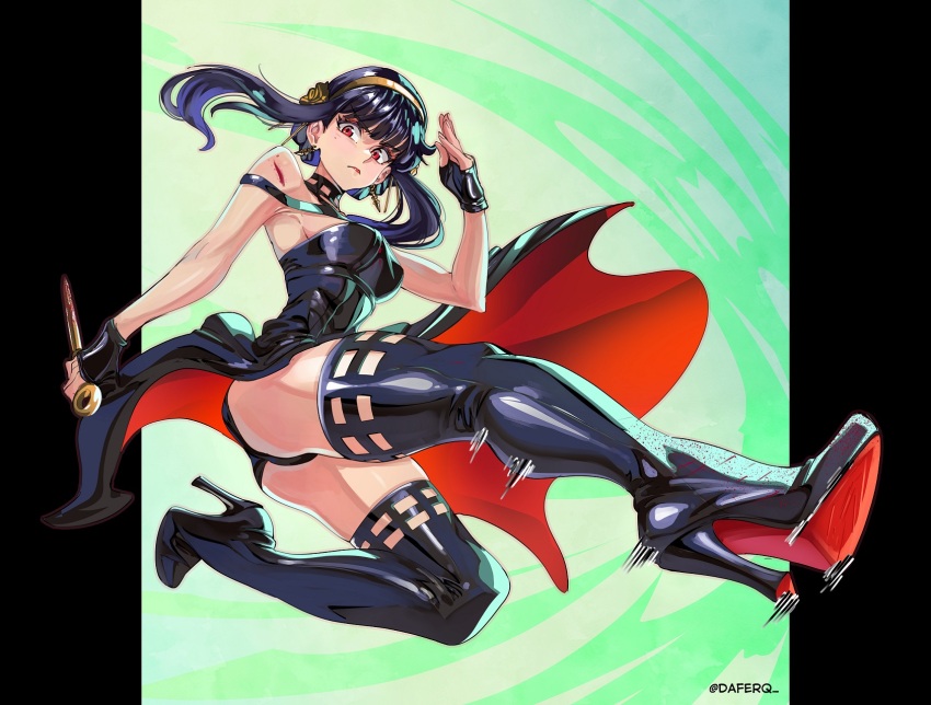 1girl, ass, black_gloves, black_hair, black_thighhighs, daferq, dagger, falling