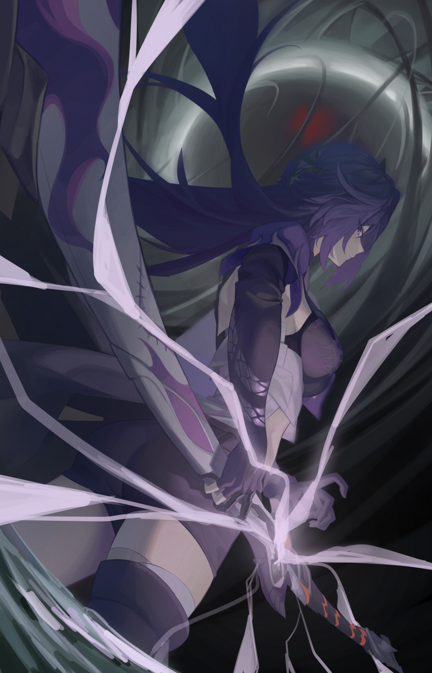 1girl, absurdres, acheron_(honkai:_star_rail), asymmetrical_footwear, black_choker, black_gloves, black_shorts, bokk_eouh