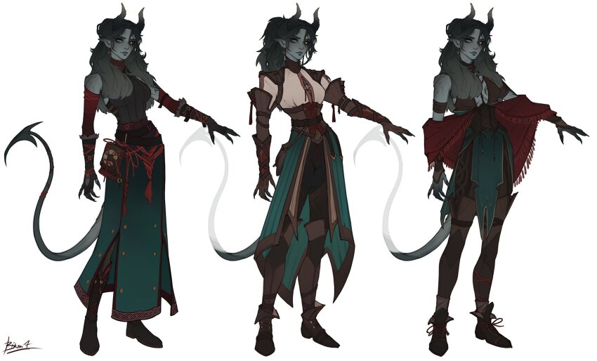 1girl, birmit, breasts, colored_skin, copyright_request, heterochromia, highres, horns