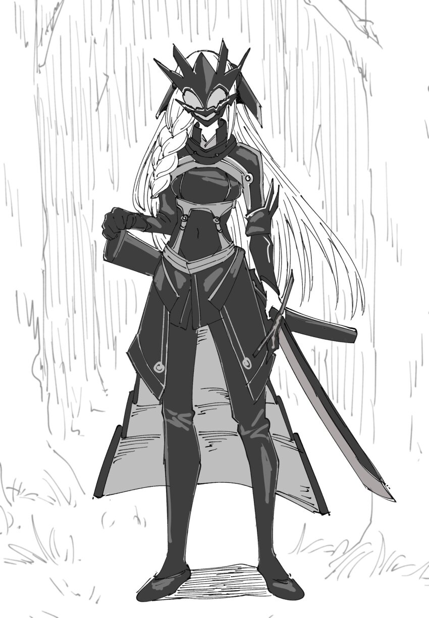 1girl, armor, braid, breasts, commentary_request, couter, covered_navel, full_body, gloves, grass, greyscale, hand_on_sheath, hand_rest, hatching_(texture), headgear, highres, holding, holding_sword, holding_weapon, igari_heiichi, legs_apart, linear_hatching, long_hair, long_sleeves, mask, medium_breasts, minorun9, monochrome, nue_no_onmyouji, outdoors, pants, scabbard, shadow, sheath, shirt, side_braid, single_braid, single_glove, solo, standing, sword, tree, very_long_hair, weapon