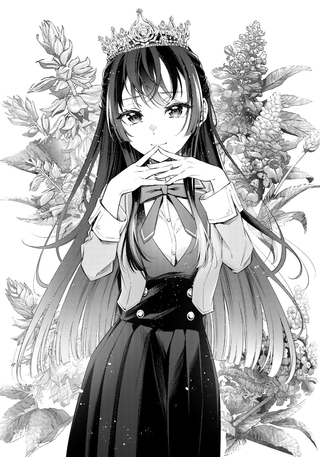 1girl, blazer, breasts, closed_mouth, commentary_request, cowboy_shot, crown, floral_background, flower, greyscale, hands_up, highres, jacket, long_hair, looking_at_viewer, medium_breasts, monochrome, neck_ribbon, official_art, open_clothes, open_jacket, own_hands_together, pleated_skirt, ribbon, salvia_(flower), school_uniform, shirt, skirt, smile, solo, suou_yuki, tenacitysaho, tokidoki_bosotto_roshia-go_de_dereru_tonari_no_alya-san, very_long_hair, vest
