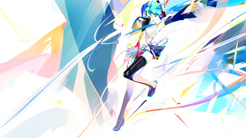 1girl, abstract_background, aqua_eyes, aqua_hair, aqua_necktie, arm_up, black_sleeves, boots