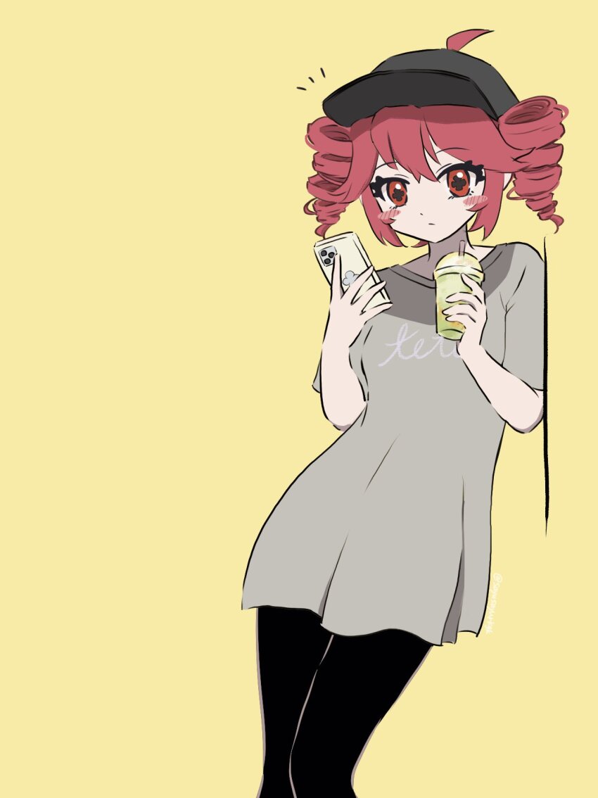 1girl, ahoge, baseball_cap, black_hat, black_leggings, blush_stickers, cellphone, character_name