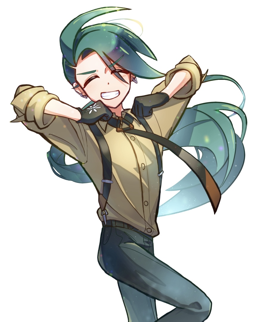 1girl, ahoge, black_gloves, black_necktie, black_pants, buttons, closed_eyes, collared_shirt, commentary_request, earrings, floating_hair, gloves, green_hair, grin, highres, jewelry, leg_up, long_hair, mizutora_zamasu, mochi_mochi_dance, necktie, nintendo, pants, pokemon, pokemon_scarlet_and_violet, ponytail, rika_(pokemon), shirt, sleeves_rolled_up, smile, solo, suspenders, teeth, white_background