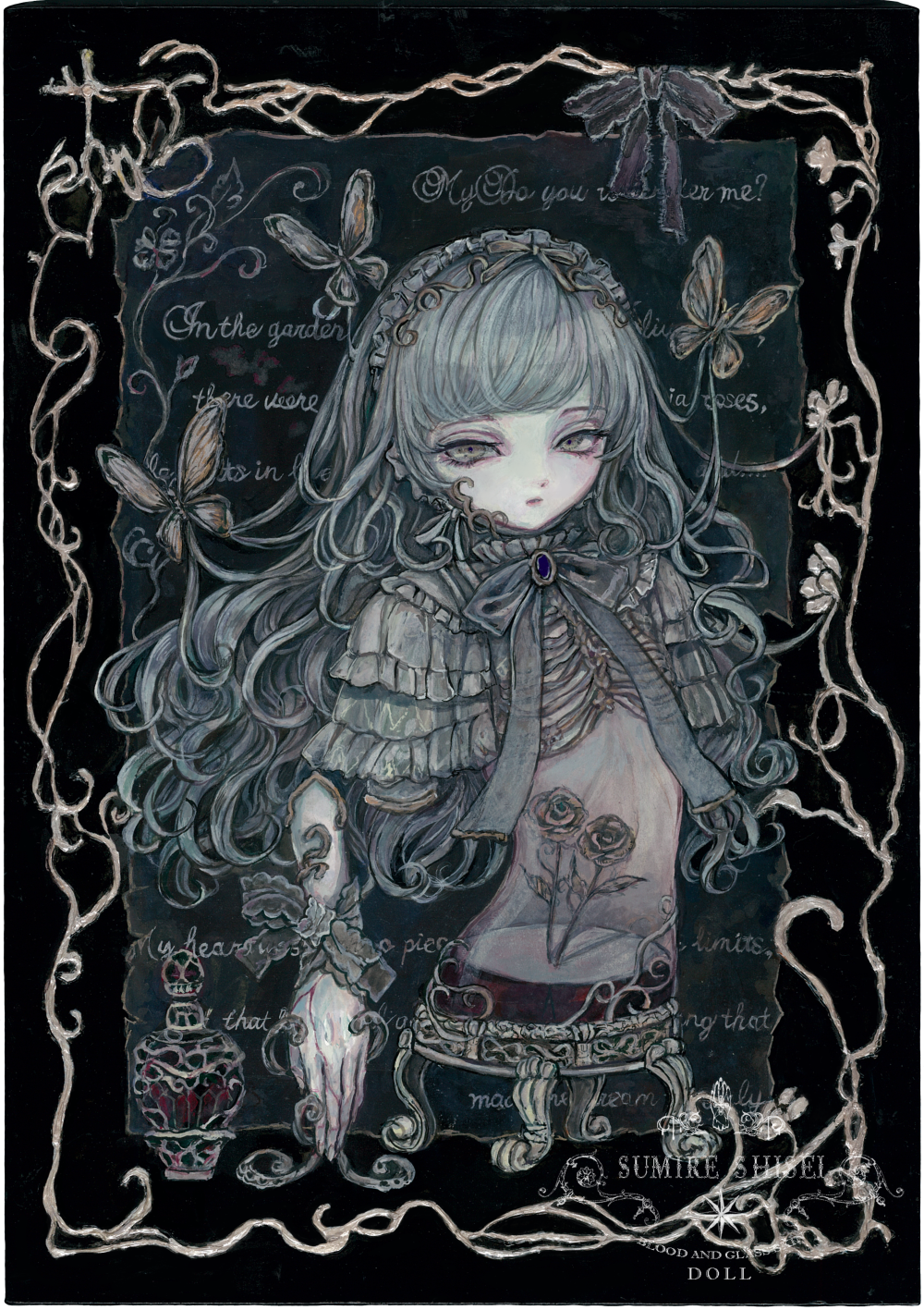 1girl, acrylic_paint_(medium), amputee, bow, bowtie, brooch, bug, butterfly