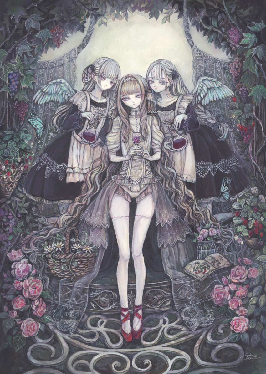 3girls, acrylic_paint_(medium), ambiguous_red_liquid, angel, angel_wings, apron, basket, black_dress, blonde_hair, book, bug, butterfly, commentary_request, cup, dress, drinking_glass, expressionless, flat_chest, flower, food, fruit, full_body, grapes, grey_eyes, grey_hair, hairband, highres, holding, holding_cup, insect, leotard, long_hair, looking_at_viewer, multiple_girls, original, painting_(medium), pale_skin, pink_flower, pink_rose, rose, siblings, strawberry, sumire_shisei, thighhighs, traditional_media, twins, white_thighhighs, wings