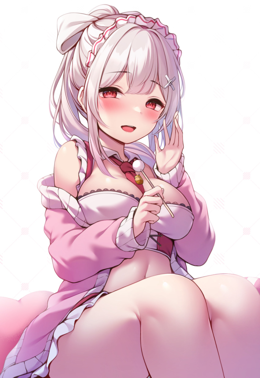 1girl, :d, bare_shoulders, between_breasts, blush, breasts, cleavage, commentary_request