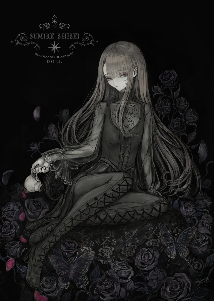 1girl, black_dress, black_flower, black_rose, boots, brown_eyes, brown_hair, bug, butterfly, commentary, cracked_skin, cup, dress, expressionless, flat_chest, flower, goth_fashion, high_heel_boots, high_heels, highres, holding, holding_cup, insect, lace-up_boots, long_hair, looking_at_viewer, original, pale_skin, petals, rose, see-through_clothes, see-through_sleeves, sitting, solo, sumire_shisei, teacup, thigh_boots