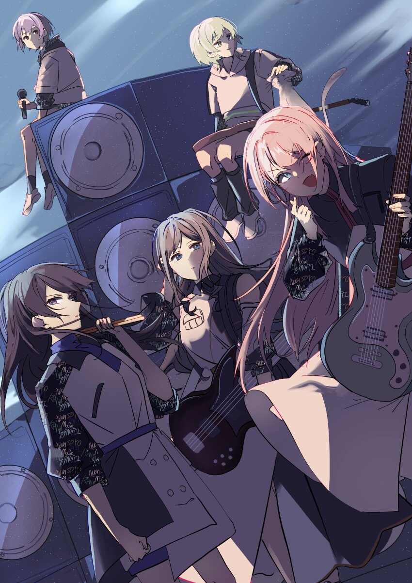 5girls, ;d, absurdres, bang_dream!, bang_dream!_it's_mygo!!!!!, black_hair, black_leg_warmers, black_shirt, blue_eyes, brown_eyes, brown_hair, cat, chihaya_anon, closed_mouth, clothes_writing, clothing_cutout, dress, drumsticks, fang, finger_heart, grey_eyes, grey_hair, guitar, heterochromia, highres, holding, holding_drumsticks, holding_guitar, holding_instrument, holding_microphone, hood, hoodie, instrument, kaname_raana, layered_sleeves, leg_warmers, long_hair, long_sleeves, looking_at_viewer, microphone, muji38, multiple_girls, mygo!!!!!_(bang_dream!), nagasaki_soyo, one_eye_closed, open_mouth, pinafore_dress, pink_hair, purple_eyes, shiina_taki, shirt, short_hair, short_over_long_sleeves, short_sleeves, shoulder_cutout, sidelocks, skin_fang, sleeveless, sleeveless_dress, smile, speaker, standing, takamatsu_tomori, white_dress, white_hair, white_hoodie, white_shirt, yellow_eyes