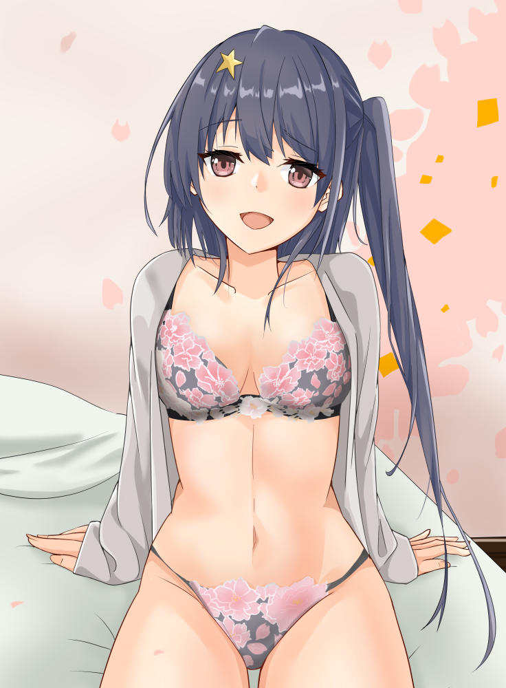 1girl, bed, bra, breasts, brown_eyes, cowboy_shot, frilled_bra, frills