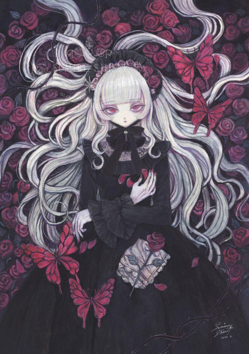 1girl, acrylic_paint_(medium), bug, butterfly, commentary_request, expressionless, flower, gothic_lolita