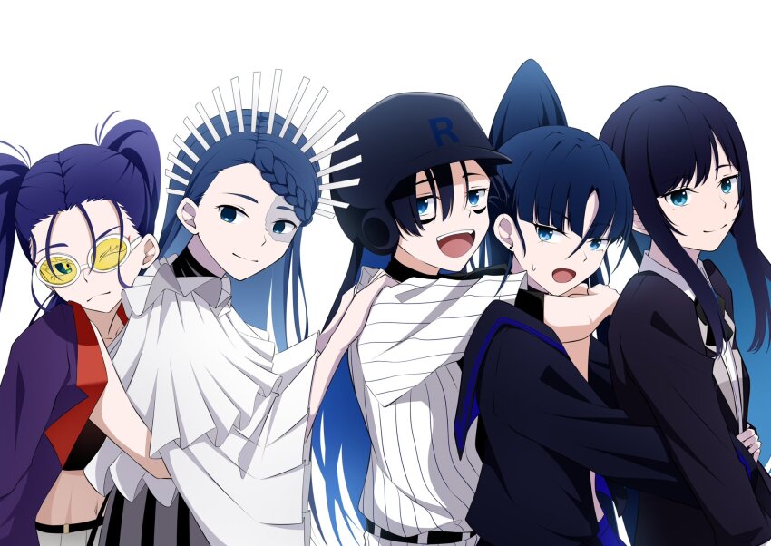 5girls, :d, ado_(utaite), baseball_cap, black_bow, black_bowtie, blue_eyes, blue_hair, bow, bowtie, braid, braided_bangs, chando_(ado), closed_mouth, cloud_nine_inc, colored_inner_hair, commentary_request, dark_blue_hair, earrings, gira-gira-chan_(ado), gira_gira, hair_between_eyes, hat, helmet, highres, hug, hug_from_behind, jewelry, long_hair, looking_at_viewer, merry_(ado), mole, mole_under_eye, multicolored_hair, multiple_girls, naima_(ado), nori_(norinori_yrl), odo-chan_(ado), odo_(song), one_eye_closed, open_mouth, ponytail, portrait, readymade_(ado), shirt, short_sleeves, sidelocks, simple_background, smile, stud_earrings, sweatdrop, teeth, textless_version, tinted_eyewear, twintails, upper_body, upper_teeth_only, usseewa, utaite, white_background, white_shirt, yellow-tinted_eyewear